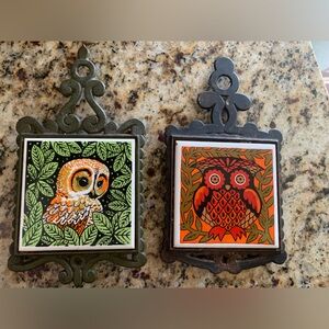 Vintage set of MCM owl trivets cast and ceramic Enesco/Prince